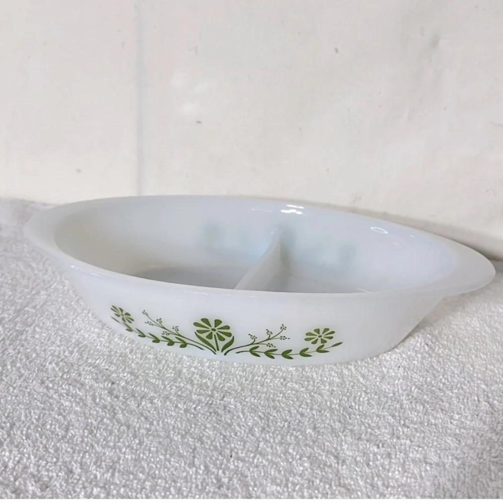 Vintage Glasbake Milk  Glass Green Daisy Flower Split Oval Casserole Dish